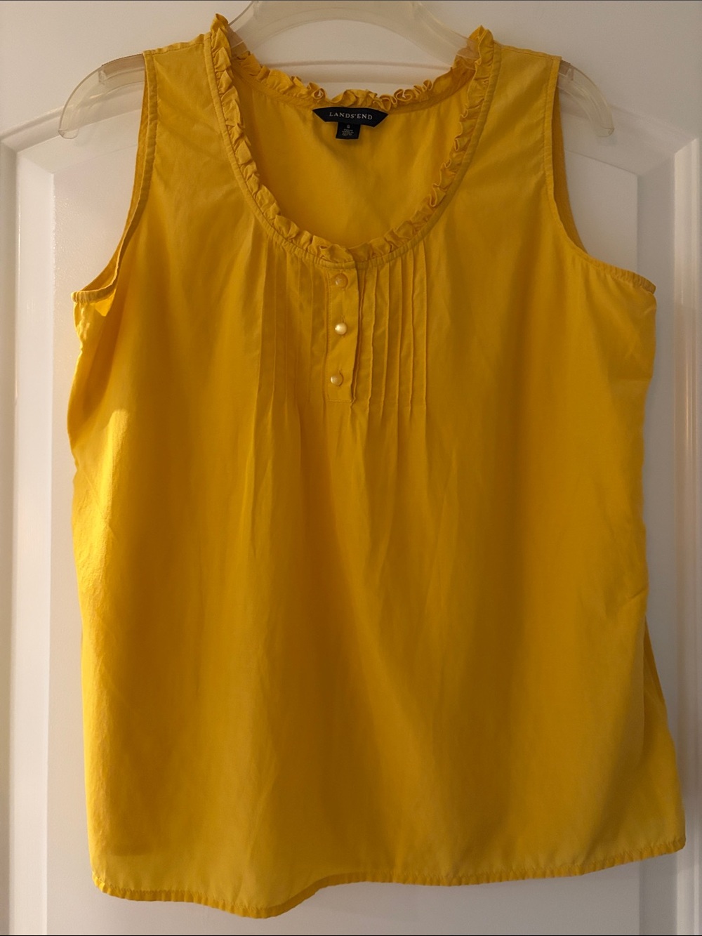 Lands' End Women’s Yellow Ruffle-Trim Sleeveless Silk Blend Blouse, size 8